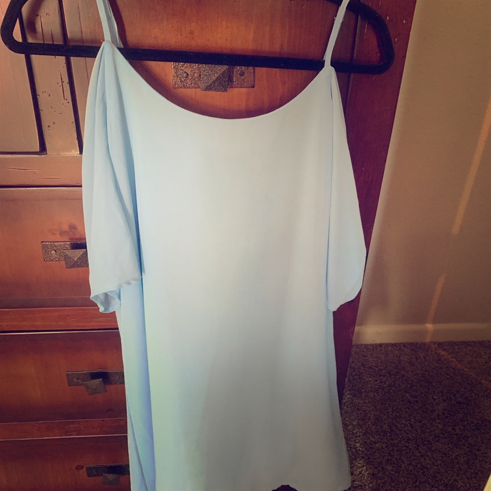 Spaghetti strap, cold shoulder powder blue dress.